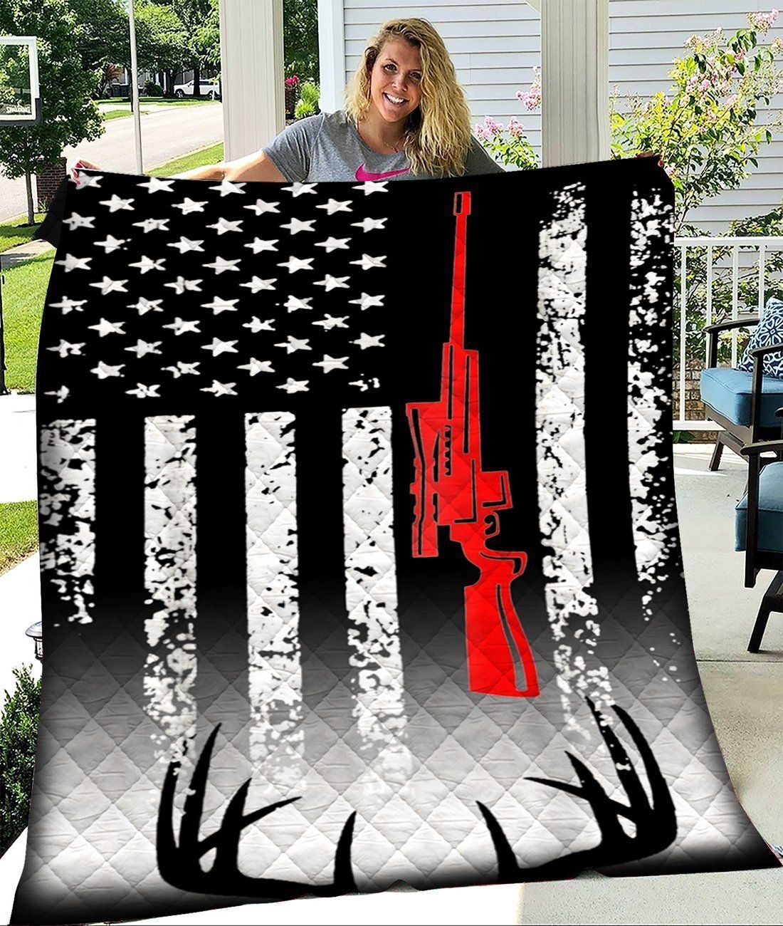 Deer Hunting Black And White USA Flag Fleece Blanket