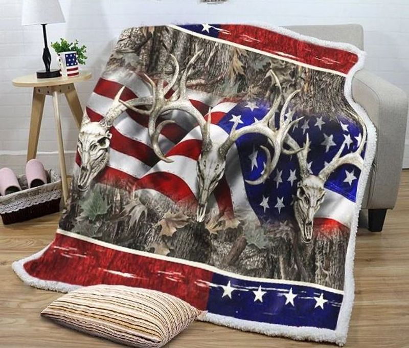Deer Skull Hunting Flag Sherpa Fleece Blanket