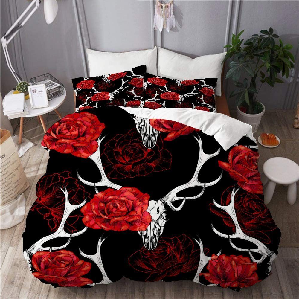 Deer Skull Roses Bedding Set