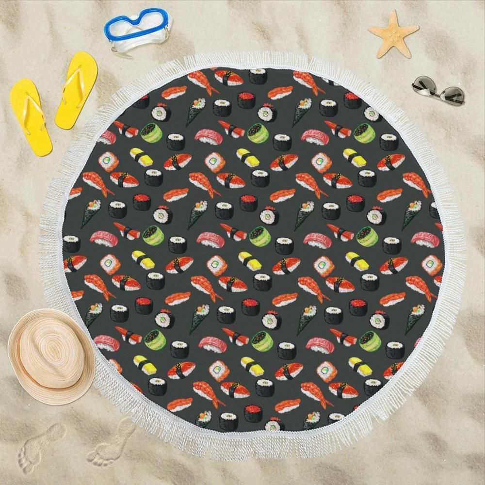 Delicious Sushi Design Printed Round Beach Towel