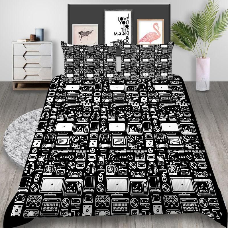 Device In Black Over Printed Bedding Set
