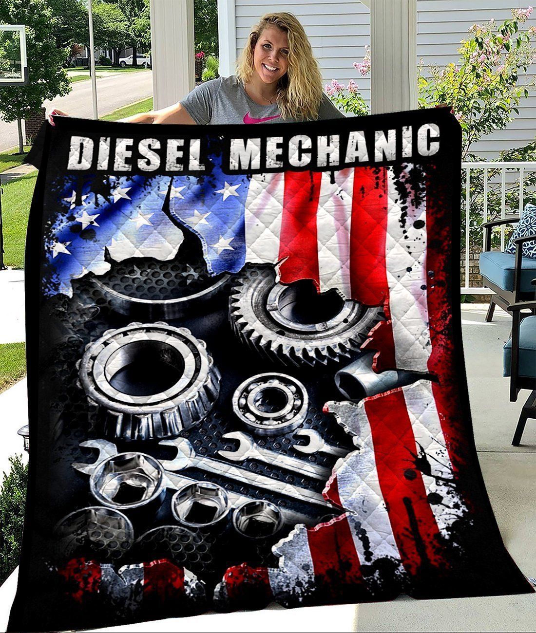 Diesel Mechanic American Flag Quilt Blanket