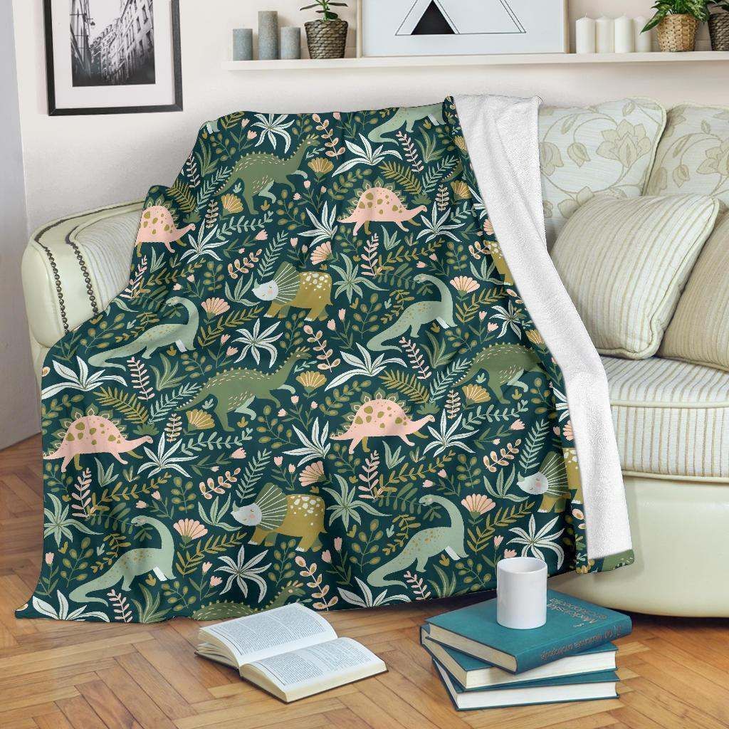 Dino Dinosaur Flower Leaf Sherpa Fleece Blanket