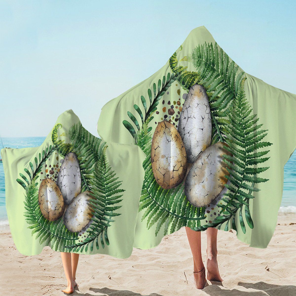 Dino Eggs And Green Fern Printed Hooded Towel
