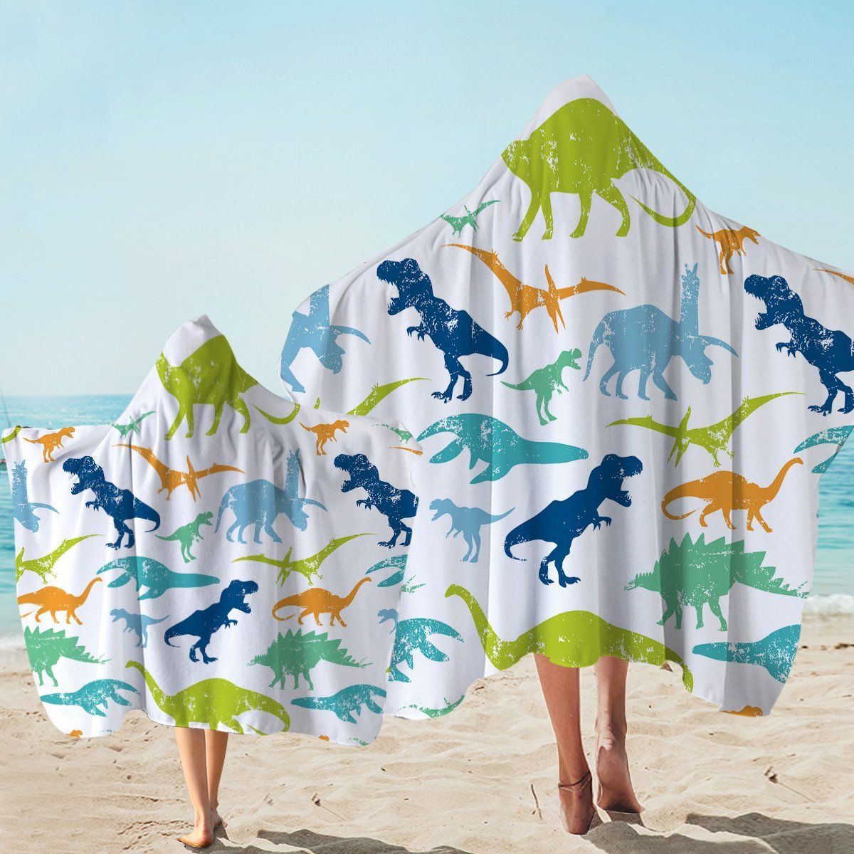 Dino Silhouettes On White Printed Hooded Towel