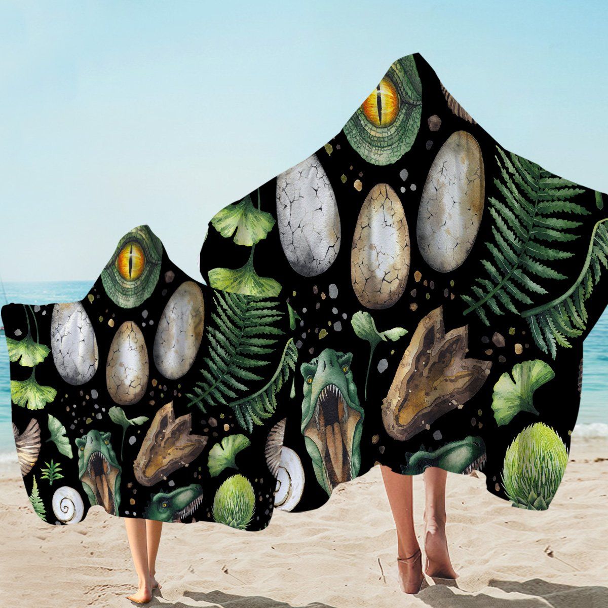 Dino Themed Black Pattern Printed Hooded Towel