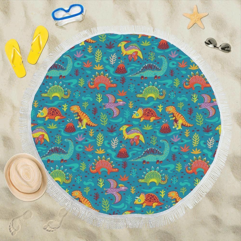 Dinosaur Cartoon Style Round Beach Towel