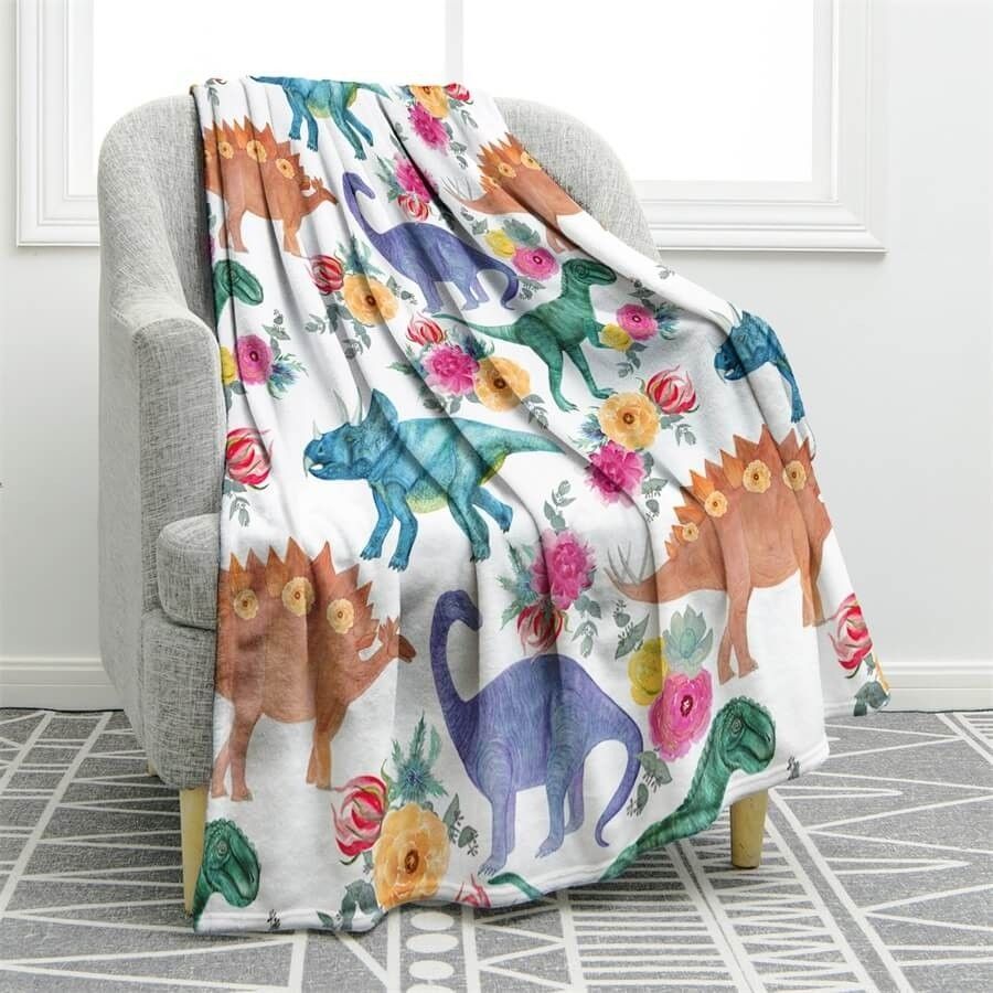 Dinosaur Colorful Floral Sherpa Fleece Blanket