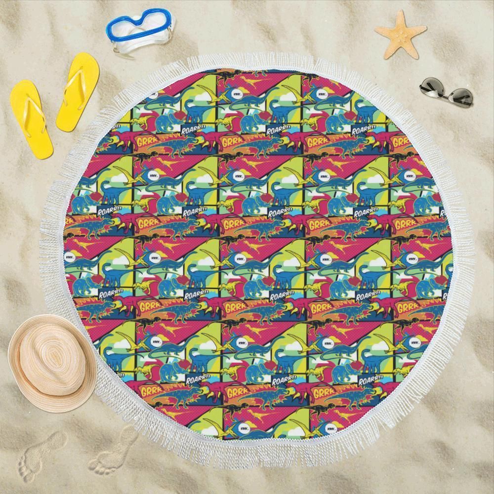 Dinosaur Comic Pop Art Style Printed Round Beach Towel