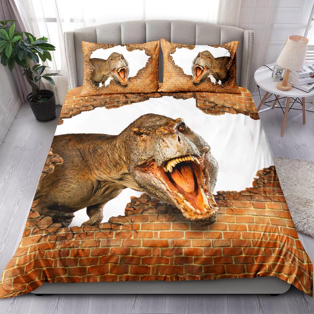 Dinosaur Growls From Behind A Brick Wall Bedding Set