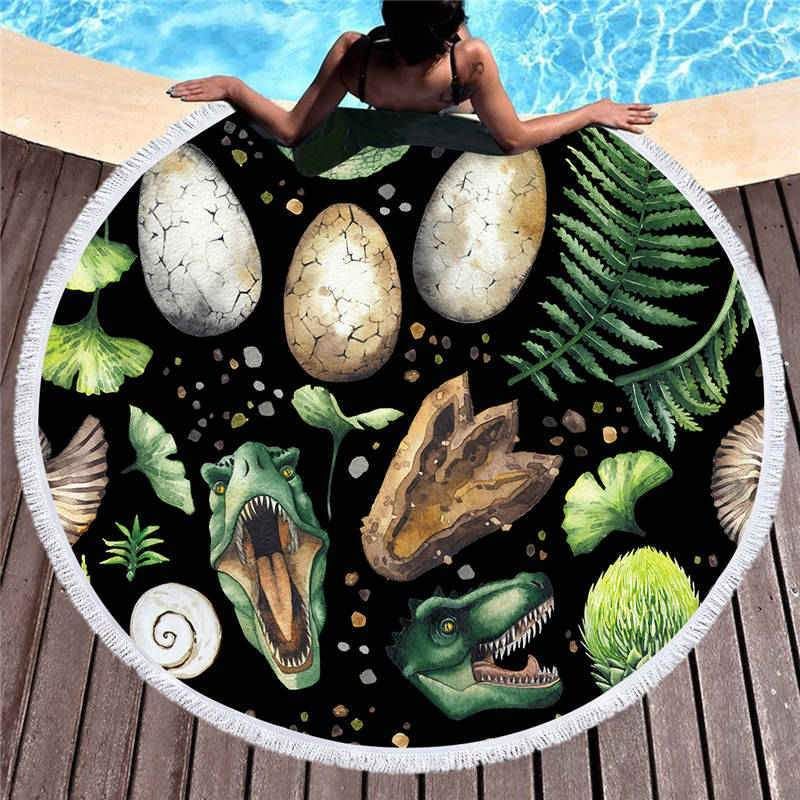 Dinosaur Parts And Tropical Leaves Printed Round Beach Towel