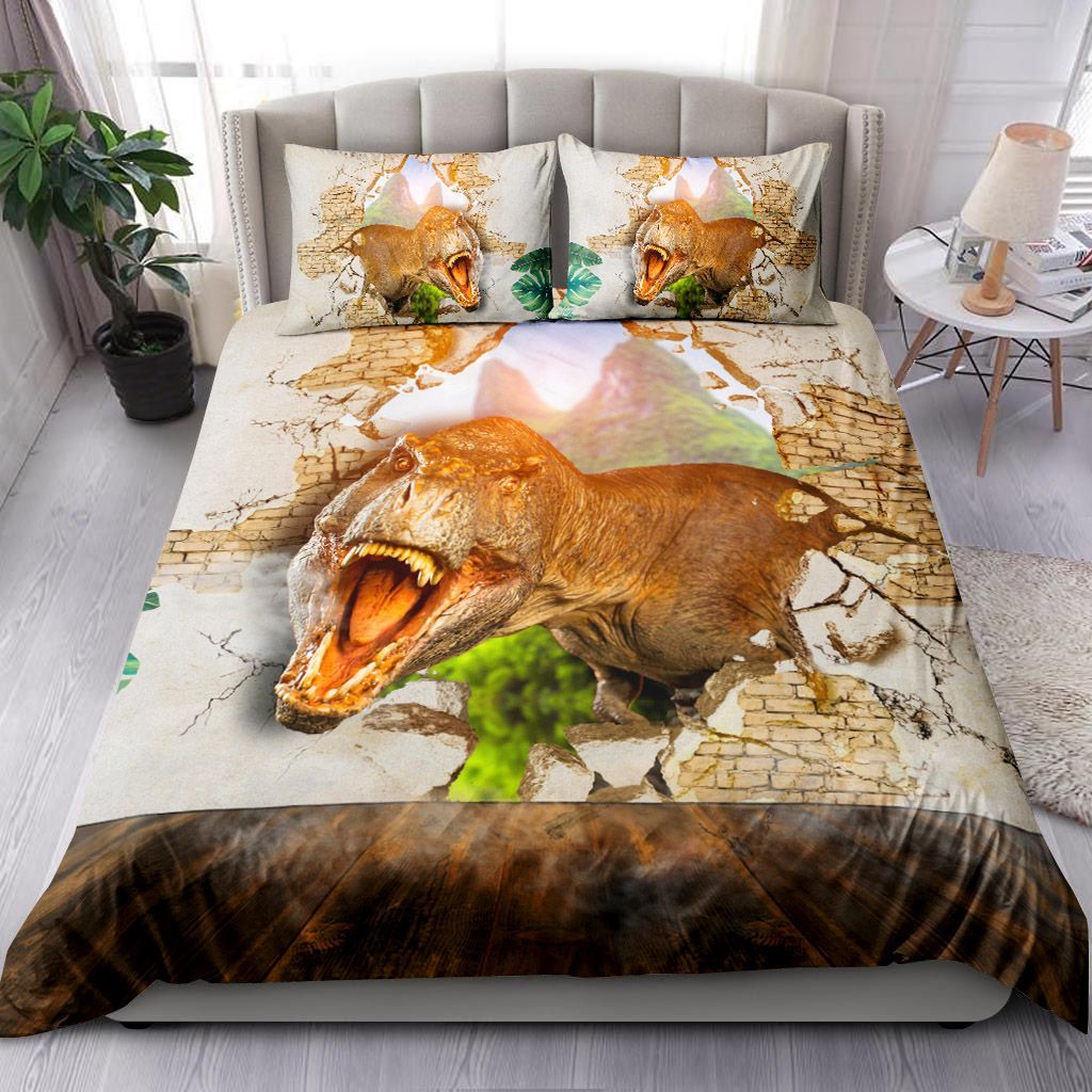 Dinosaur Scares Through A Crack In A Room Wall Bedding Set