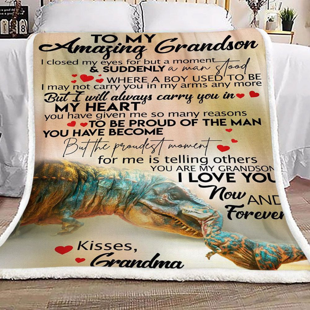 Dinosaurs To My Amazing Grandson Kisses Grandma Sherpa Fleece Blanket