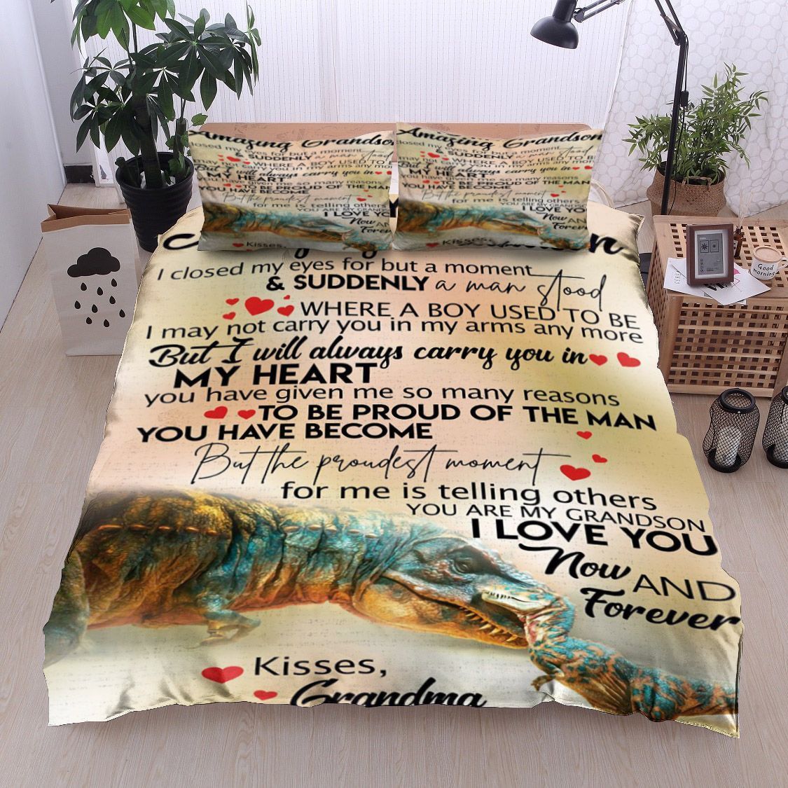 Dinosaurs To My Amazing Grandson Kisses Grandma Bedding Set