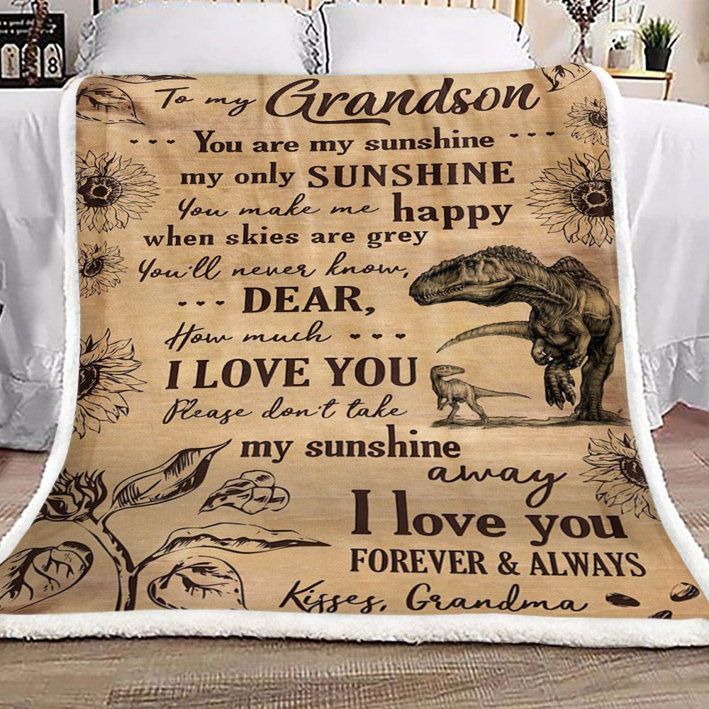 Dinosaurs To My Grandson Kisses Your Grandma Sherpa Fleece Blanket