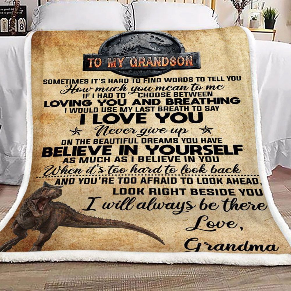 Dinosaurs To My Grandson Love Grandma Sherpa Fleece Blanket