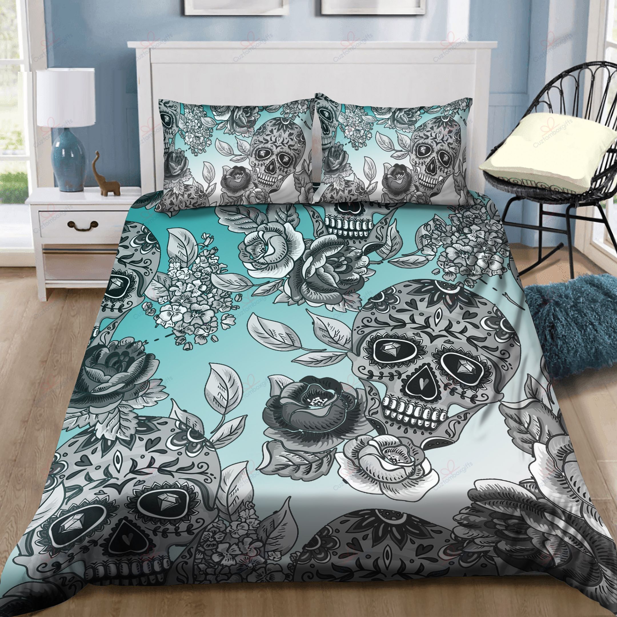 Dip Dyed Teal Ombre Sugar Skull Bedding Set