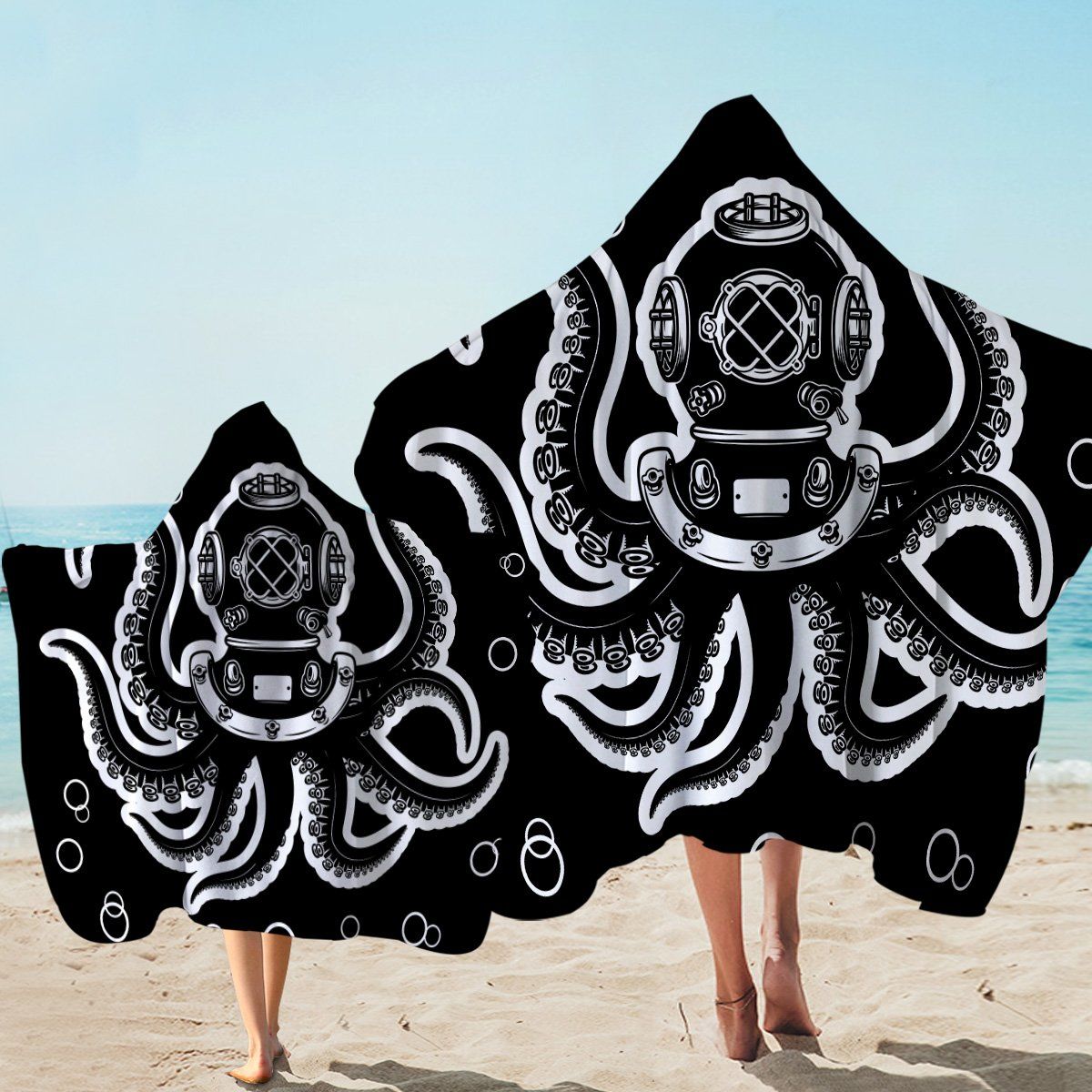 Diving Octopus Black And White Printed Hooded Towel