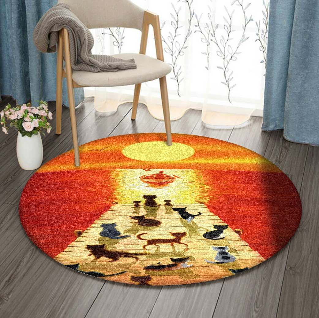 Dock Of The Bay Cat Boat Sunset Round Carpet