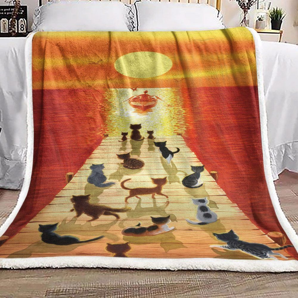Dock Of The Bay Cat Boat Sunset Sherpa Fleece Blanket
