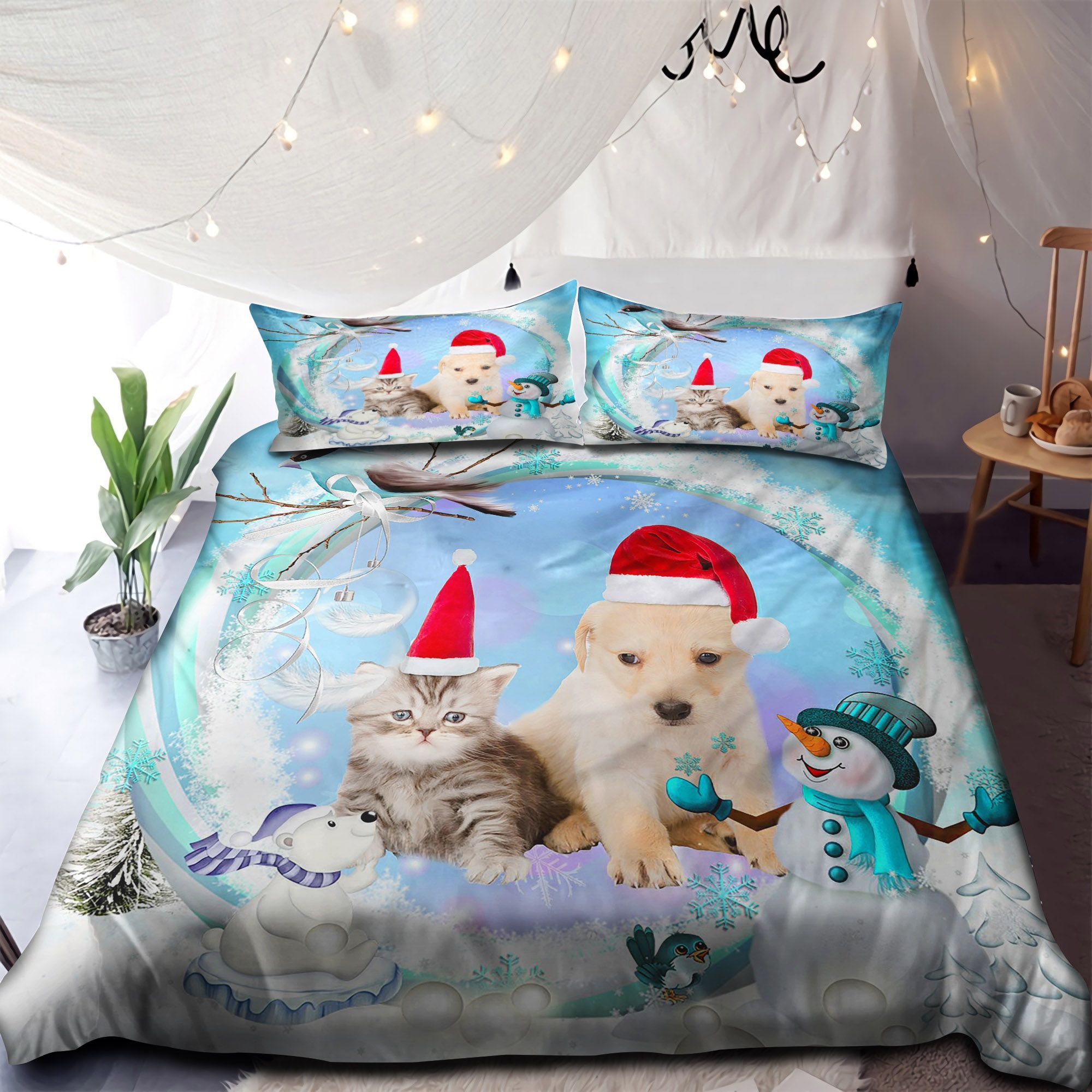 Dog And Cat Friend Merry Christmas Bedding Set