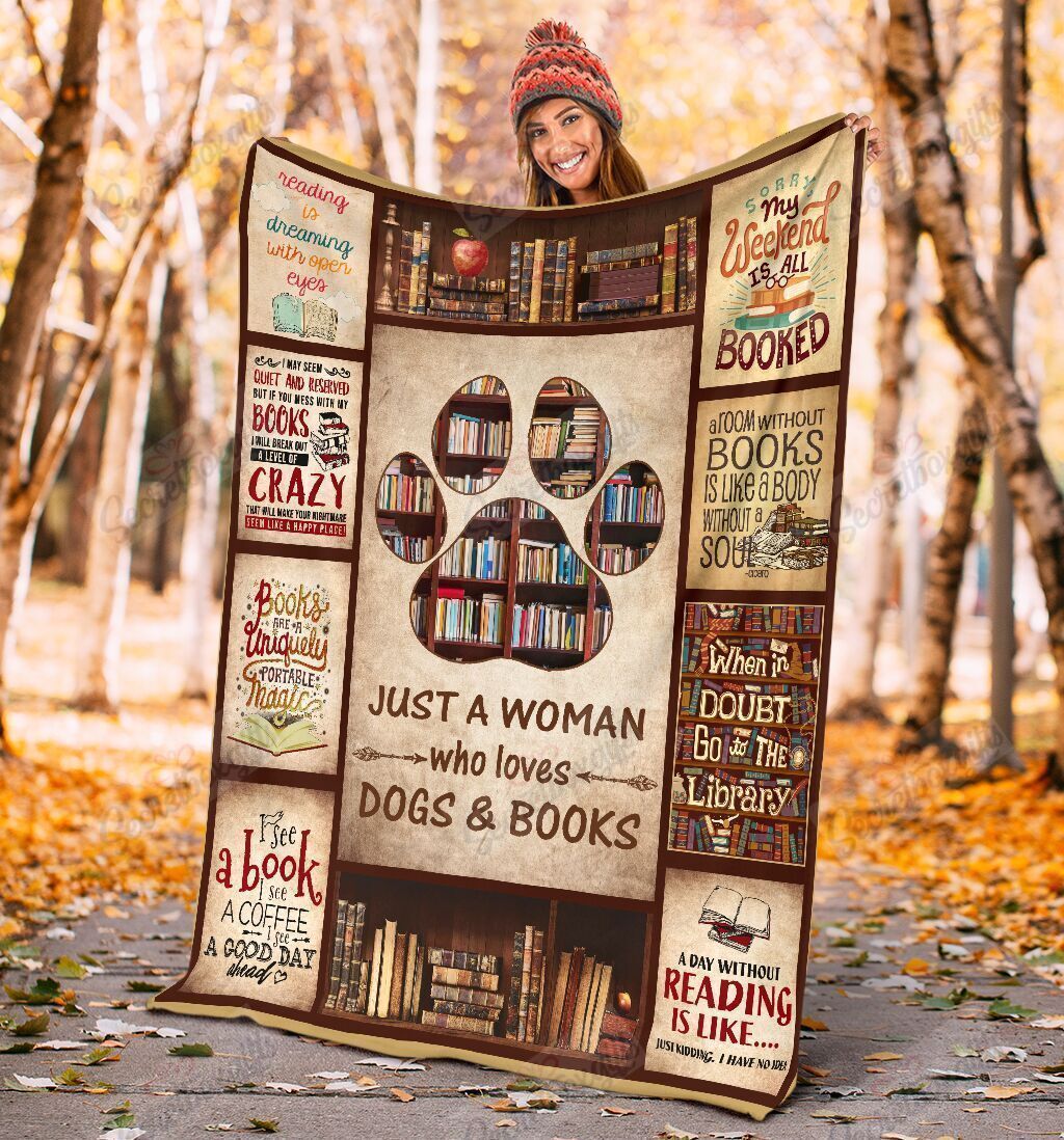 Dog Book Lovers Just A Woman Who Loves Dogs And Books Fleece Blanket