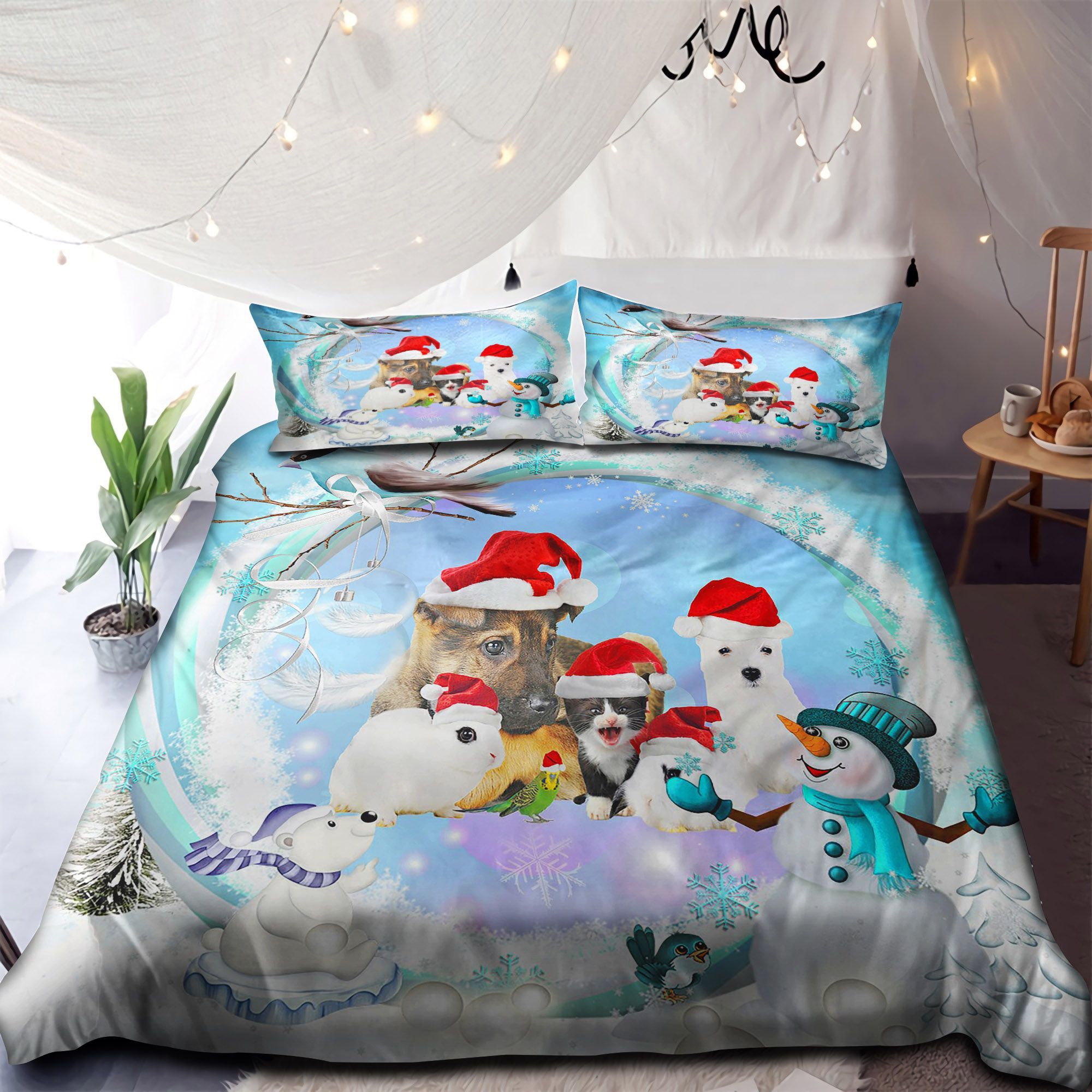 Dog Cat And Bunny Merry Christmas Bedding Set