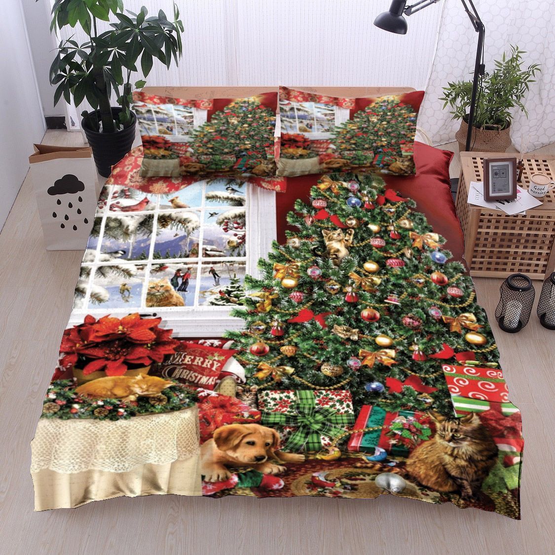 Dog Cat In Christmas House Bedding Set