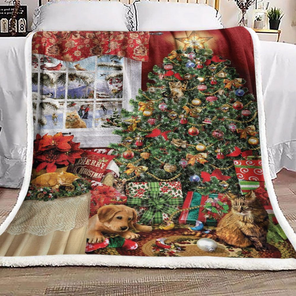Dog Cat In Christmas House Sherpa Fleece Blanket