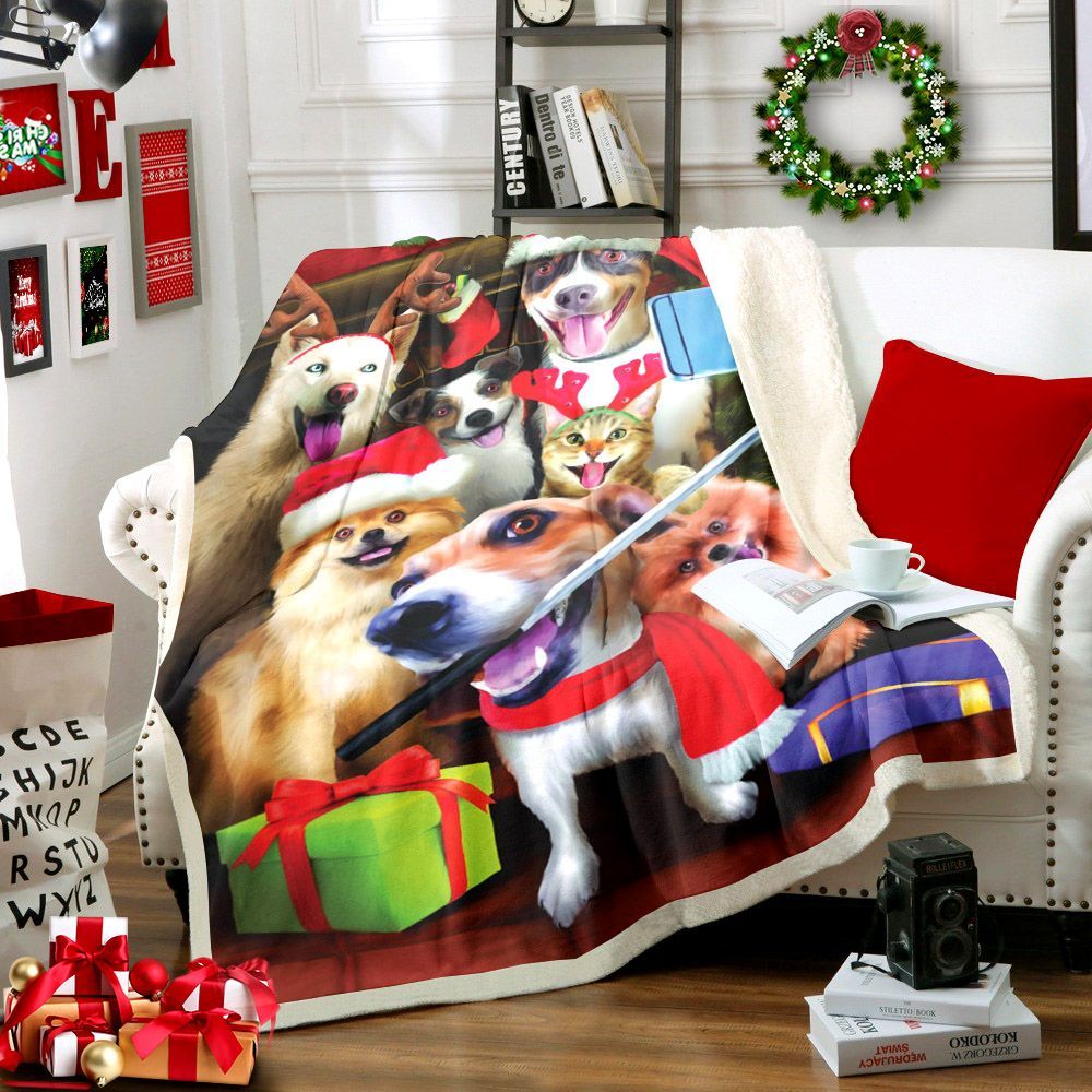 Dog Christmas Selfie Sherpa Fleece Blanket