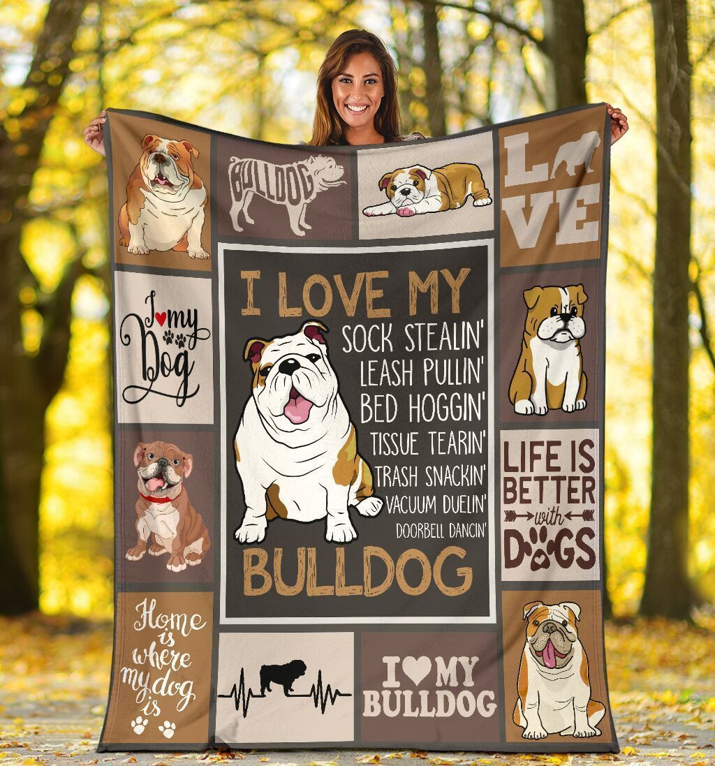 Dog English Bulldog I Love My Sock Stealin’ Bulldog Sherpa Fleece Blanket