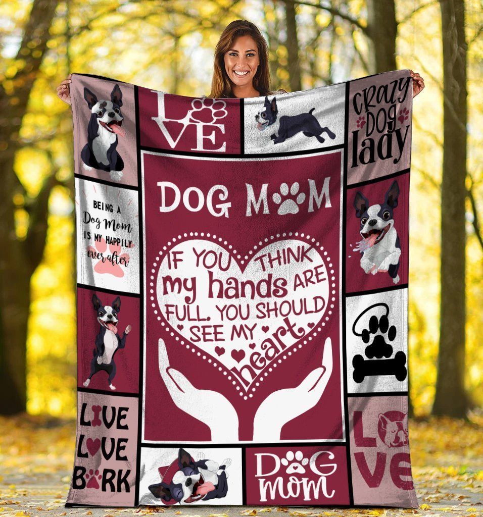 Dog Mom Hands Raise Heart Boston Terrier Dog Fleece Blanket