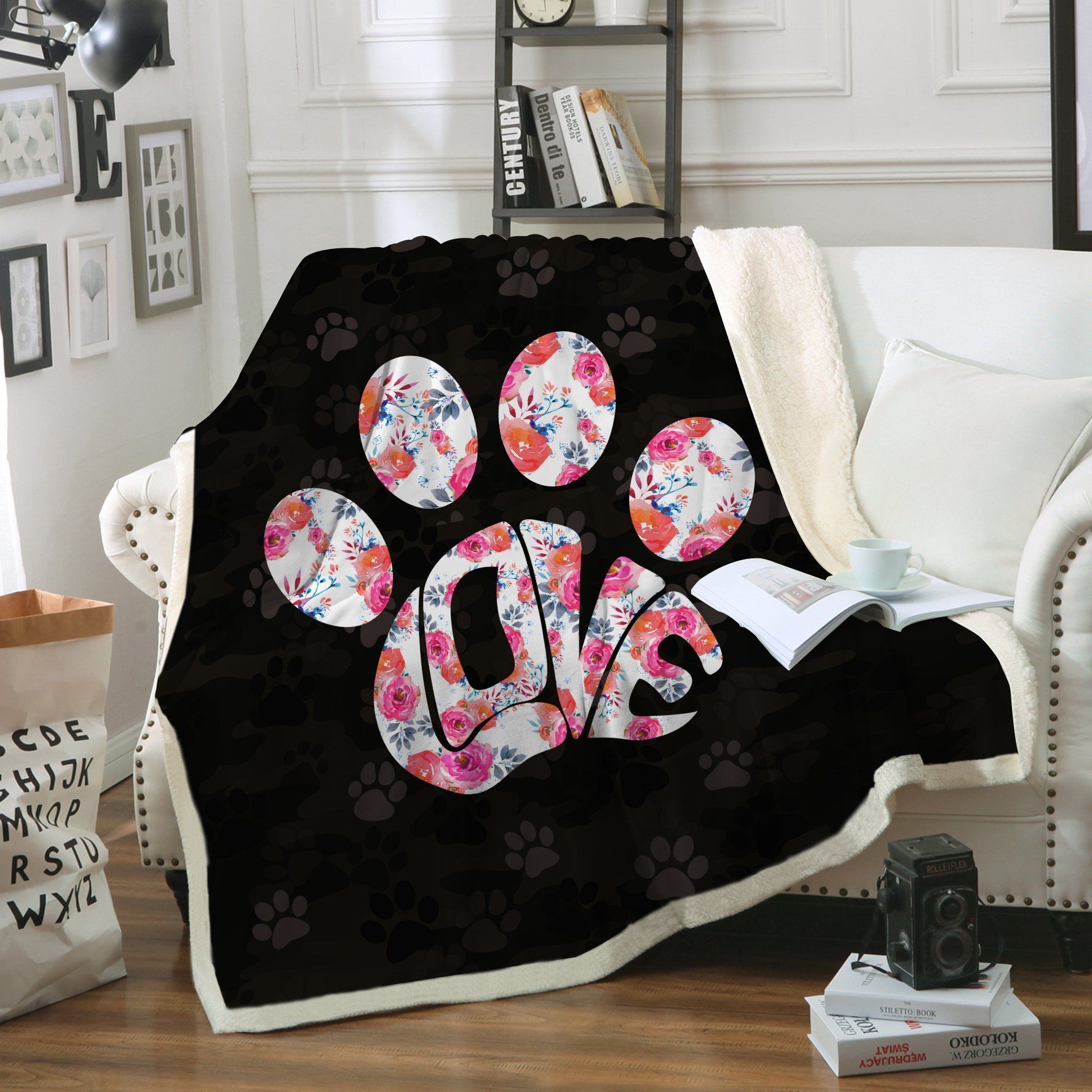 Dog Paw Flower Sherpa Fleece Blanket