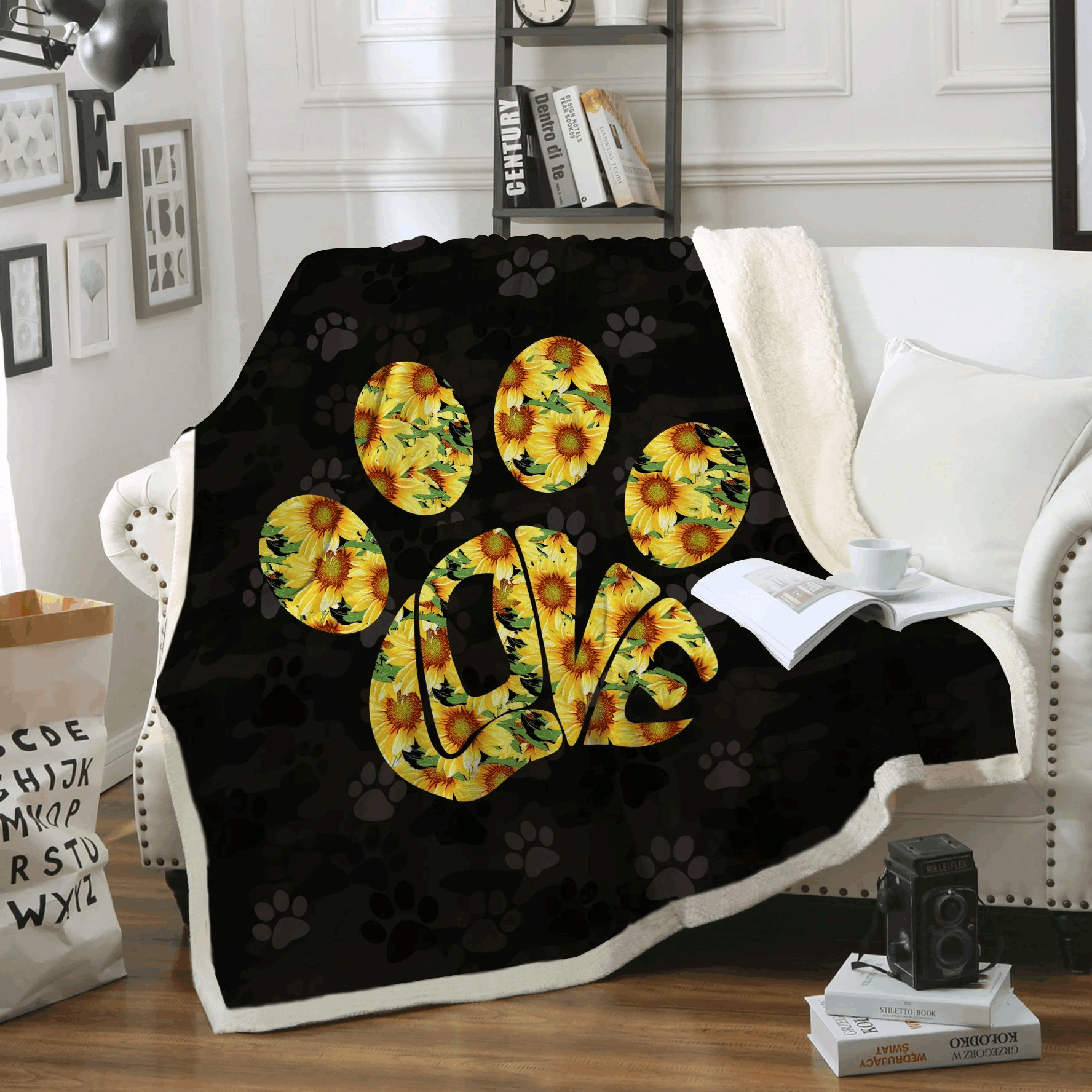 Dog Paw Sunflower Sherpa Fleece Blanket