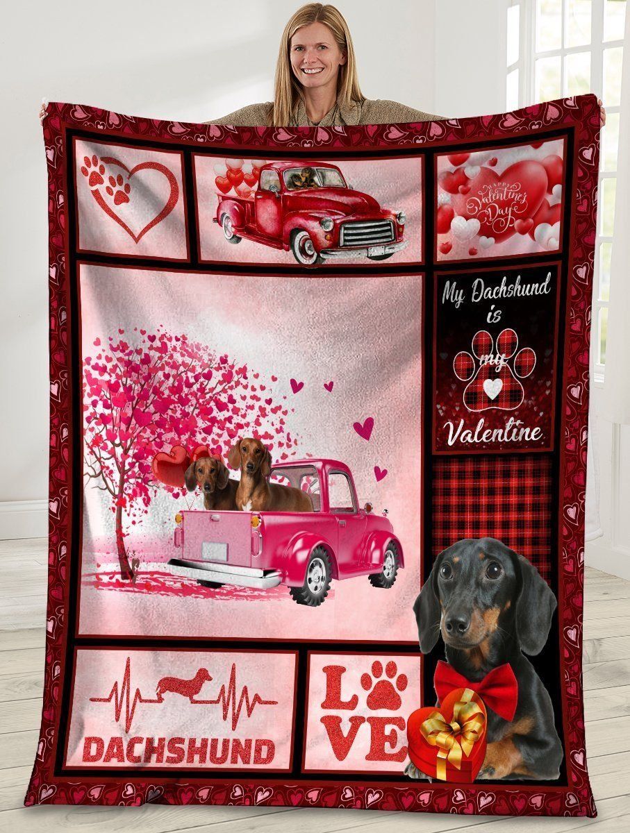 Dog Valentine’s Day Gifts My Dachshund Is My Valentine Dachshund Doxie Weiner Dog Pink Truck Sherpa Fleece Blanket