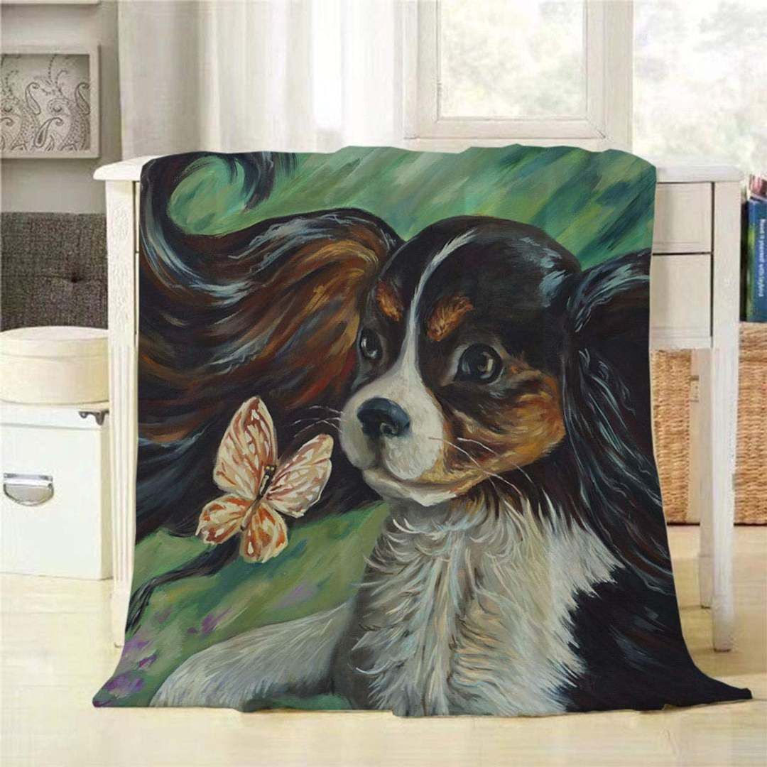 Dog With Butterfly Sherpa Fleece Blanket