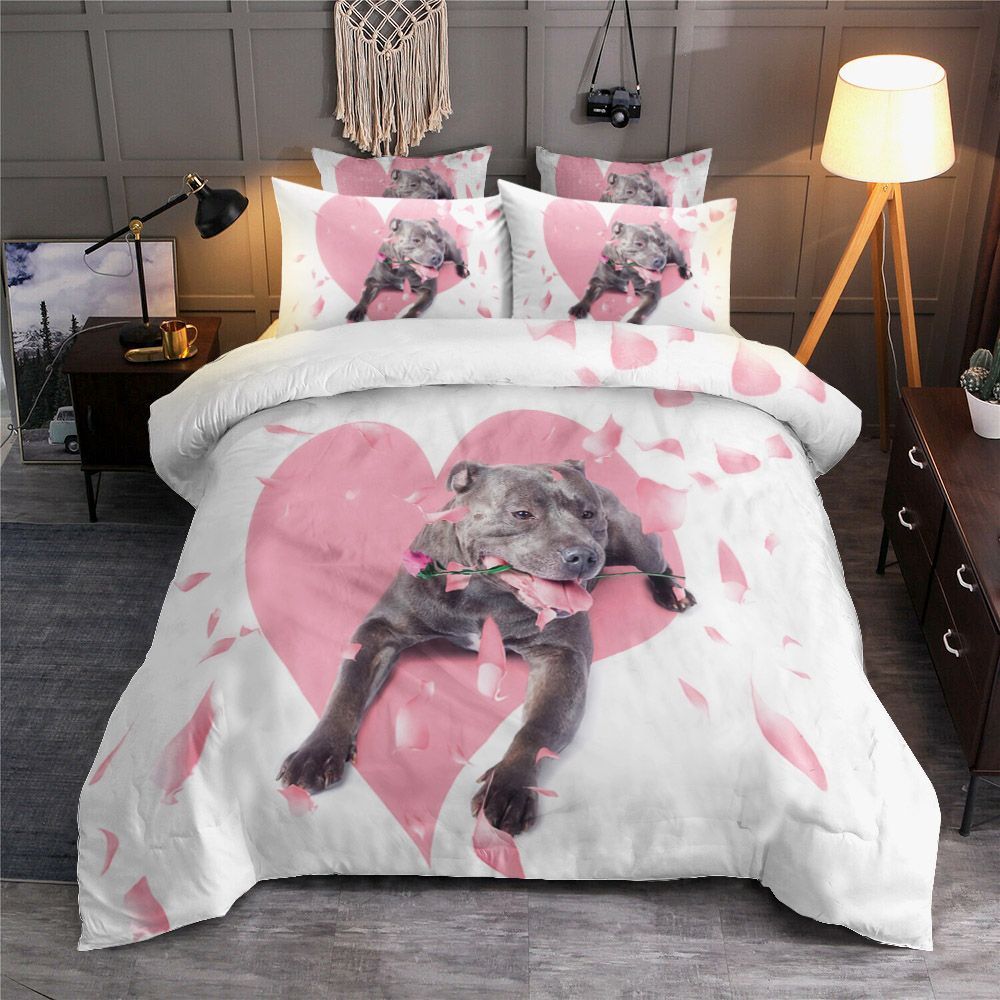Dog With Pink Rose On Heart Bedding Set