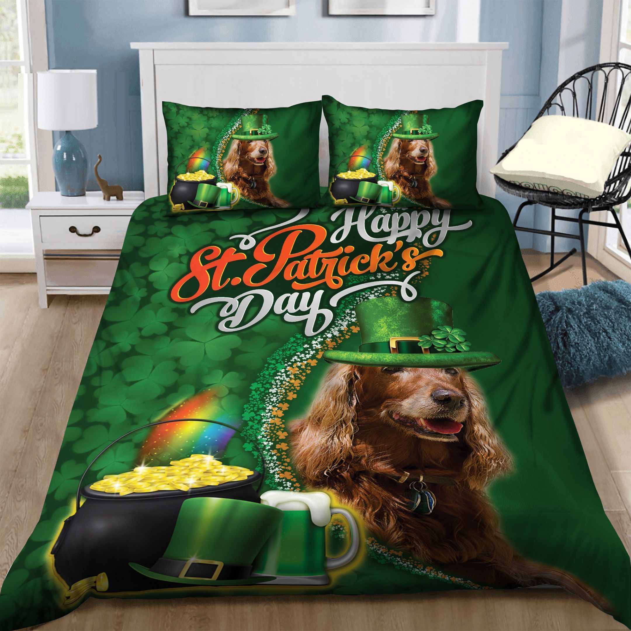 Dog With Pot Of Gold Rainbow St Patrick’s Day Bedding Set