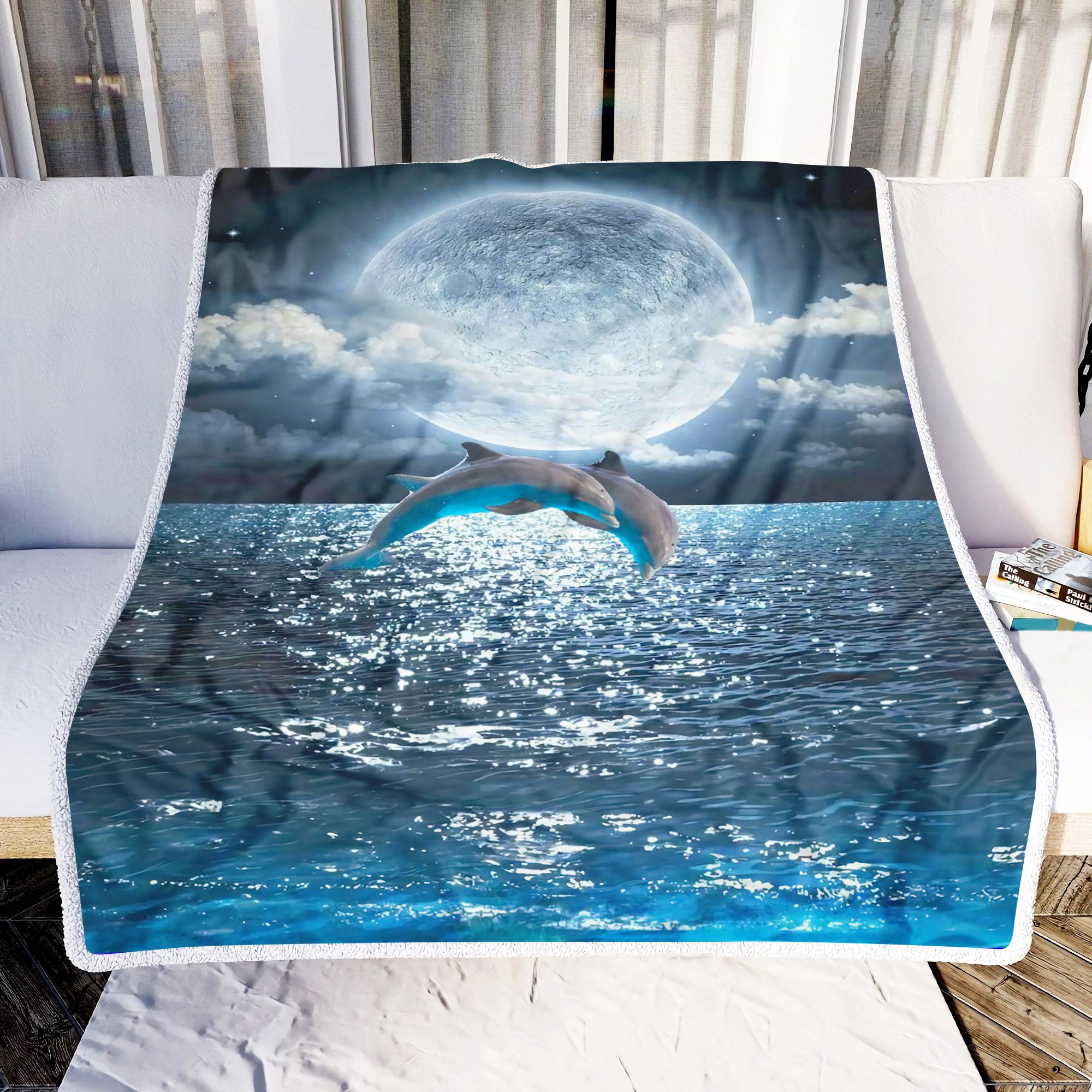 Dolphin And Moon Fleece Blanket
