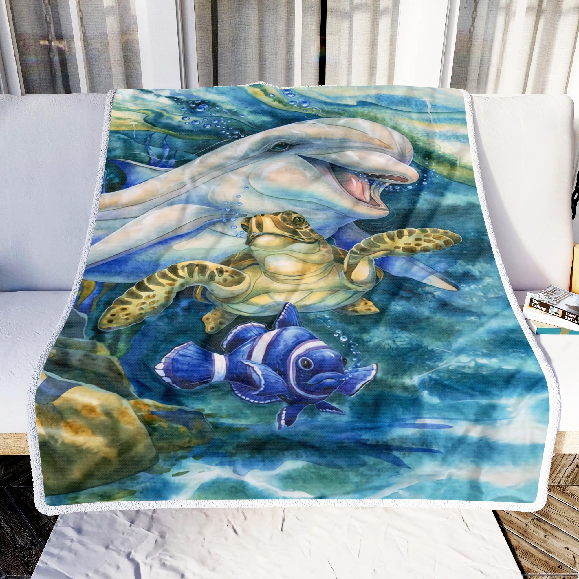Dolphin And Turtle Ocean Animal Art Fleece Blanket