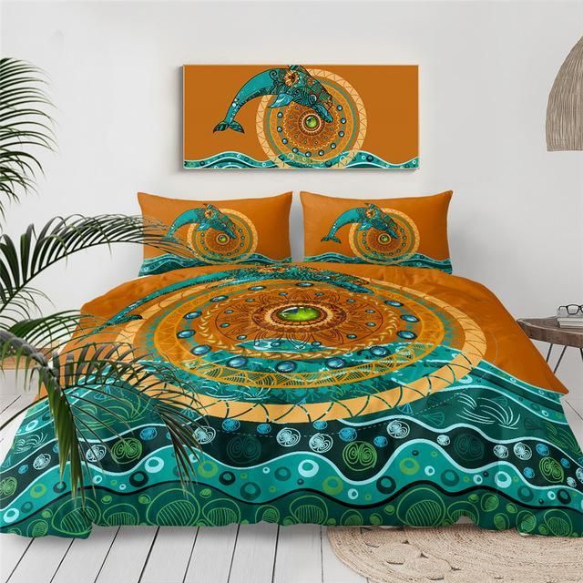 Dolphin Art Orange And Blue Bedding Set