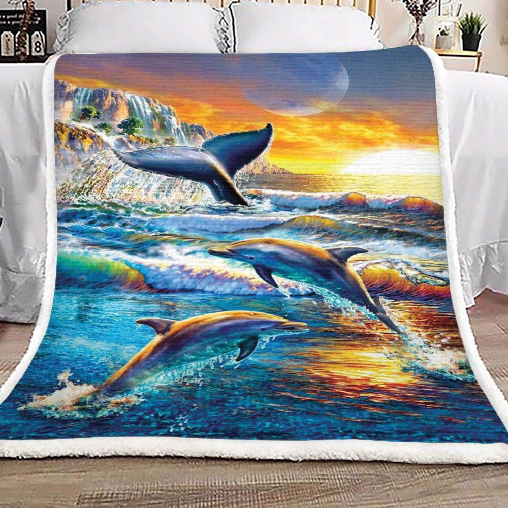Dolphin At The Sunrise Sherpa Fleece Blanket