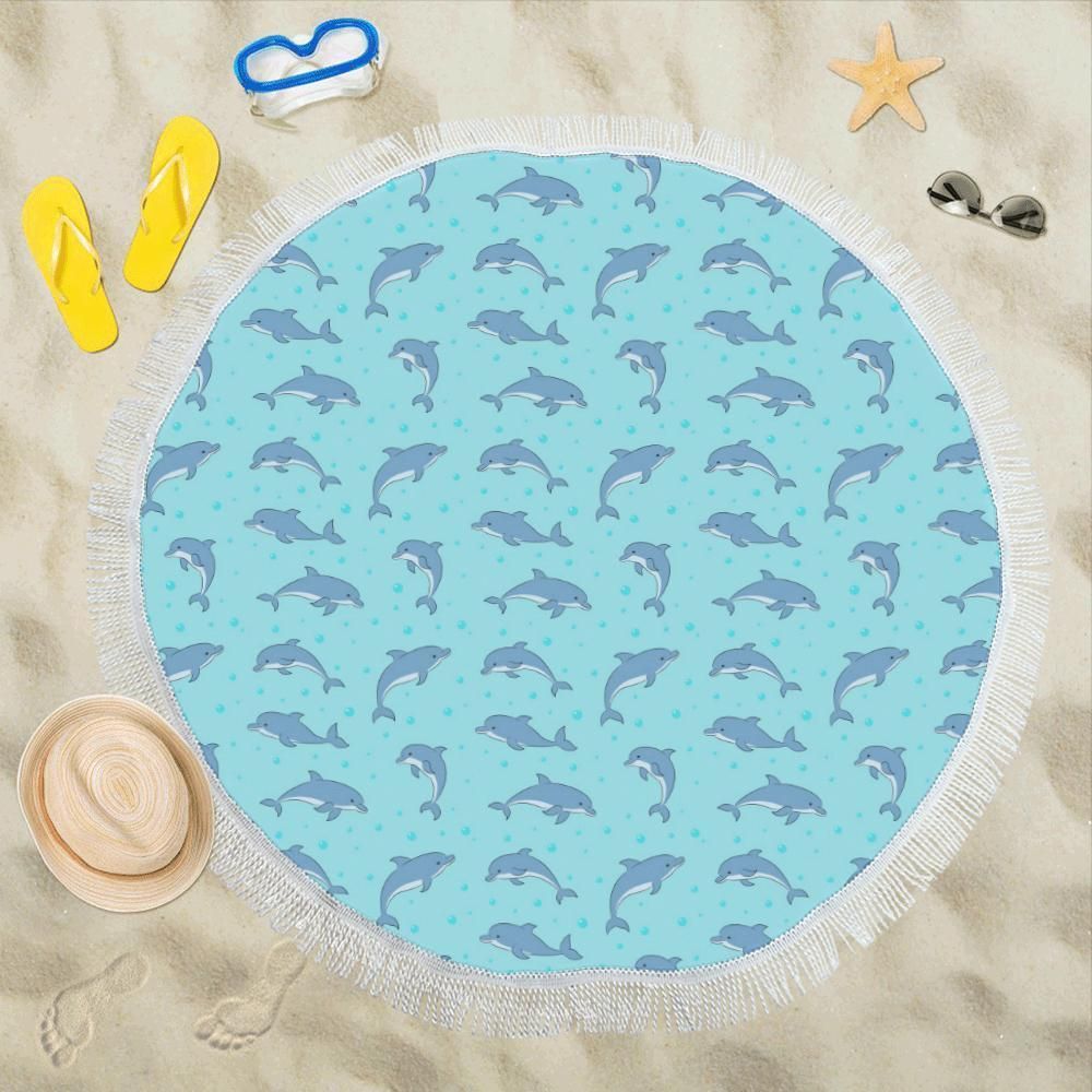 Dolphin Baby Cute Pattern On Blue Printed Round Beach Towel