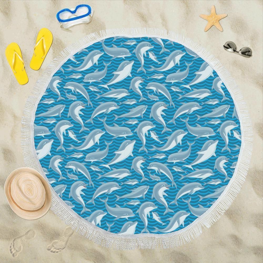 Dolphin Cute On Blue Pattern Printed Round Beach Towel
