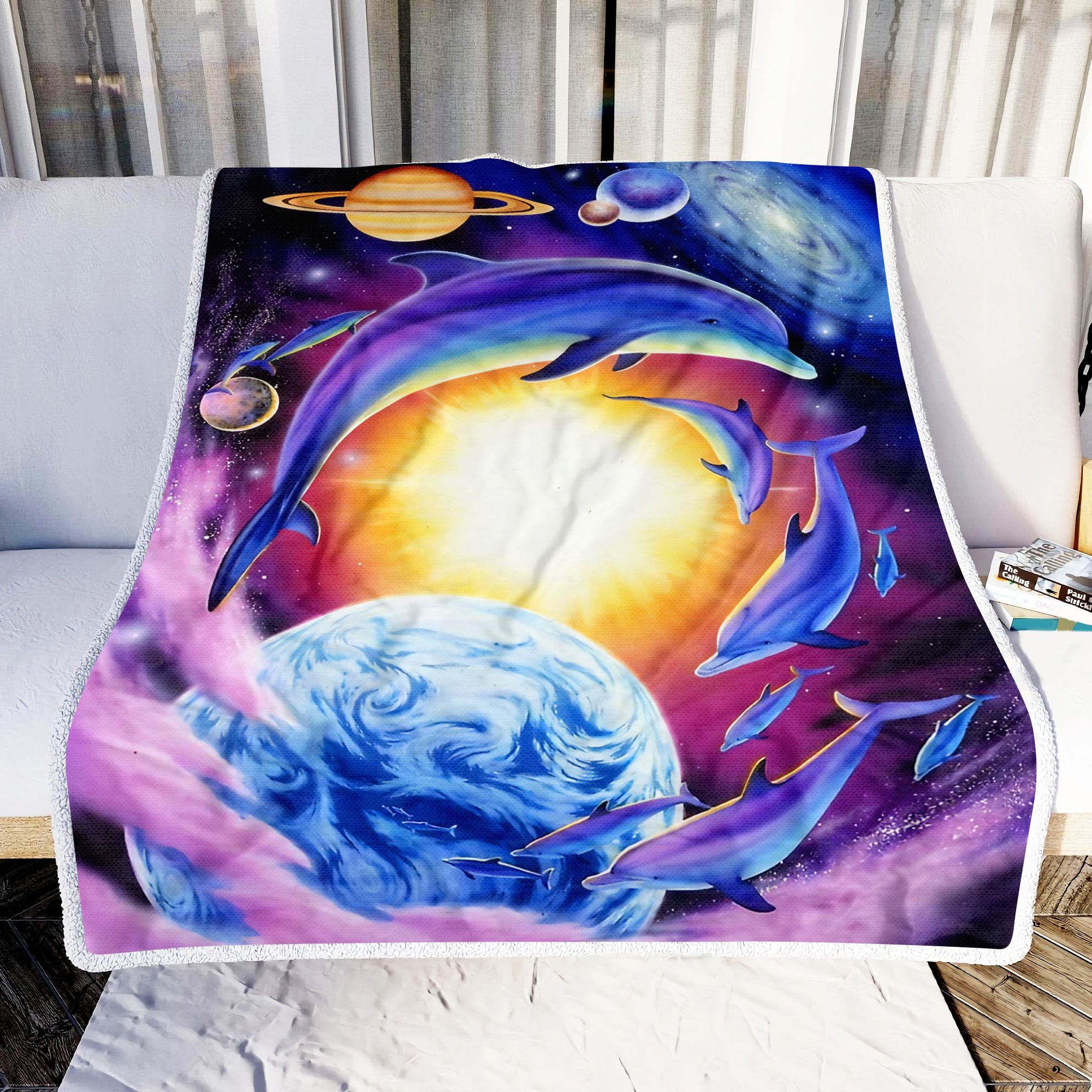 Dolphin In The Universe Fleece Blanket