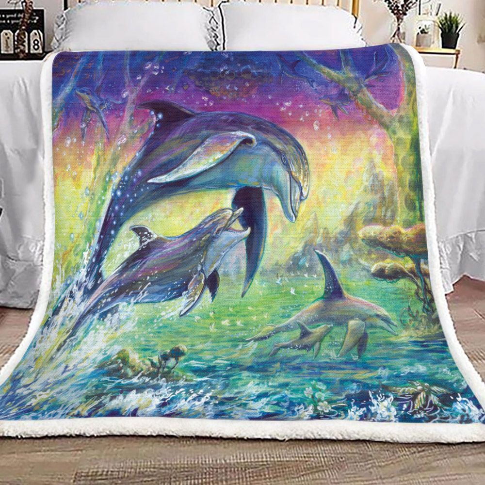 Dolphin Jump On The Sea Sherpa Fleece Blanket