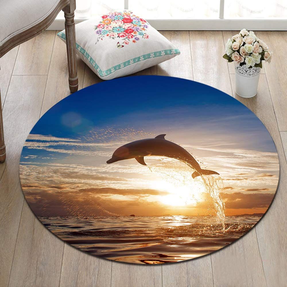 Dolphin Playing In The Water Round Carpet