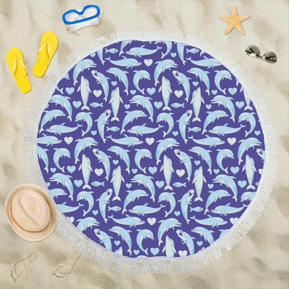 Dolphin Smile Heart Dots Printed Round Beach Towel