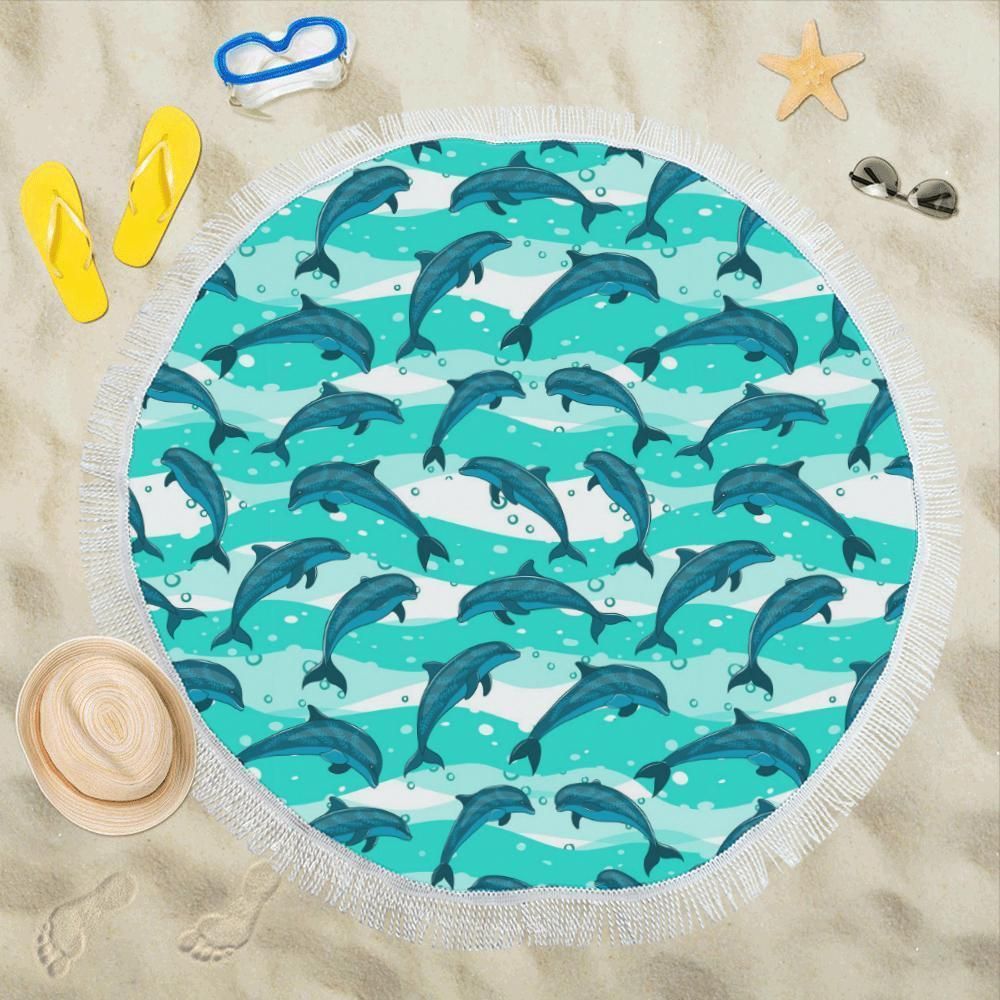 Dolphin Swimming Blue Waves Printed Round Beach Towel