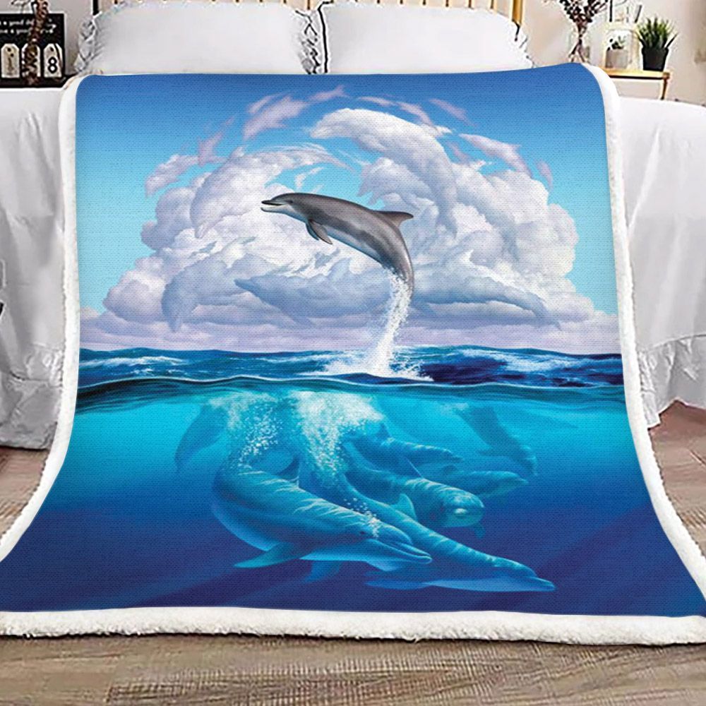 Dolphin With Sky And Ocean Painting Sherpa Fleece Blanket